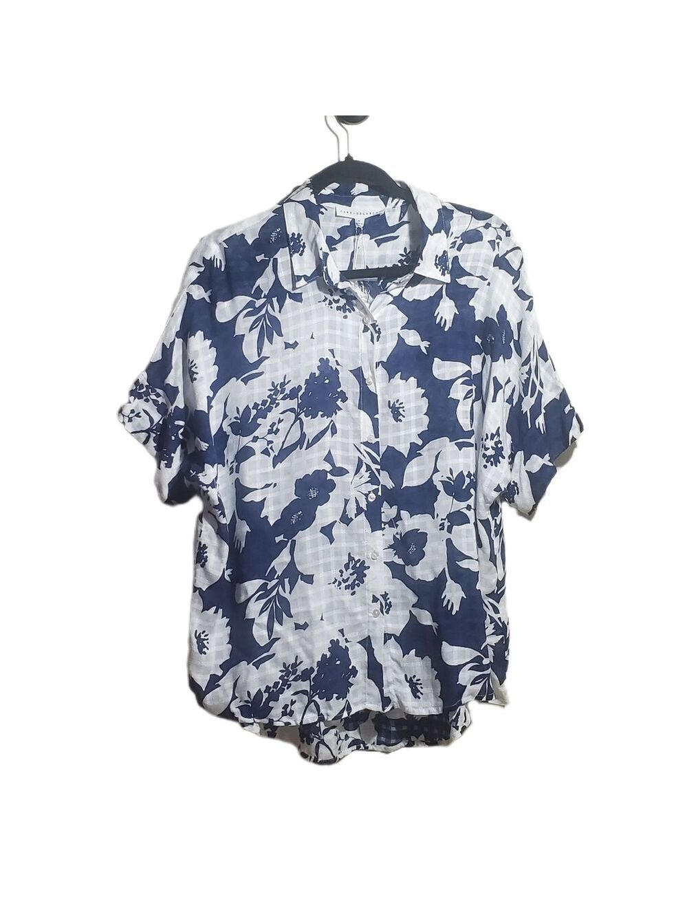 JANE AND DELANCEY - NWT Floral Navy &White Short Sleeve Blouse Medium Rayon Top